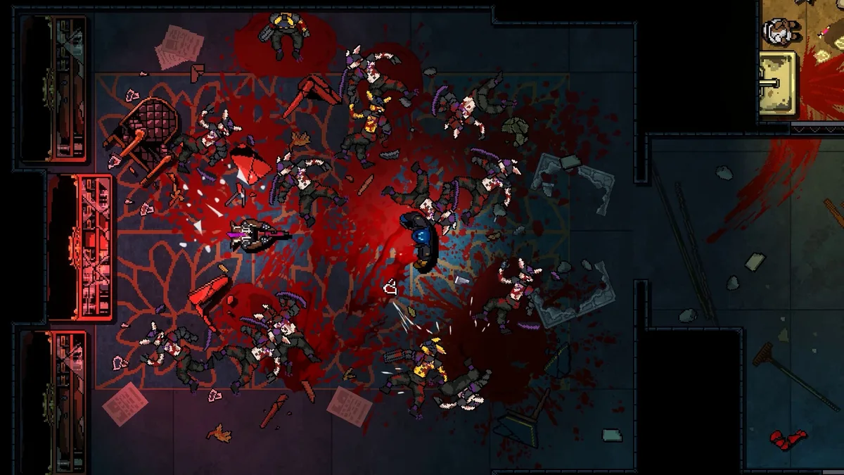 Kusan City of Wolves top-down combat with Jin in a tight corridor, enemies positioned at staggered distances, neon signage visible through a rain-soaked window