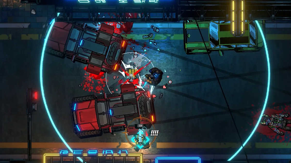 Kusan City of Wolves Jin facing a boss encounter in an industrial space, comic-panel cutscene overlay showing the enemy's pattern signal, blue and purple neon lighting