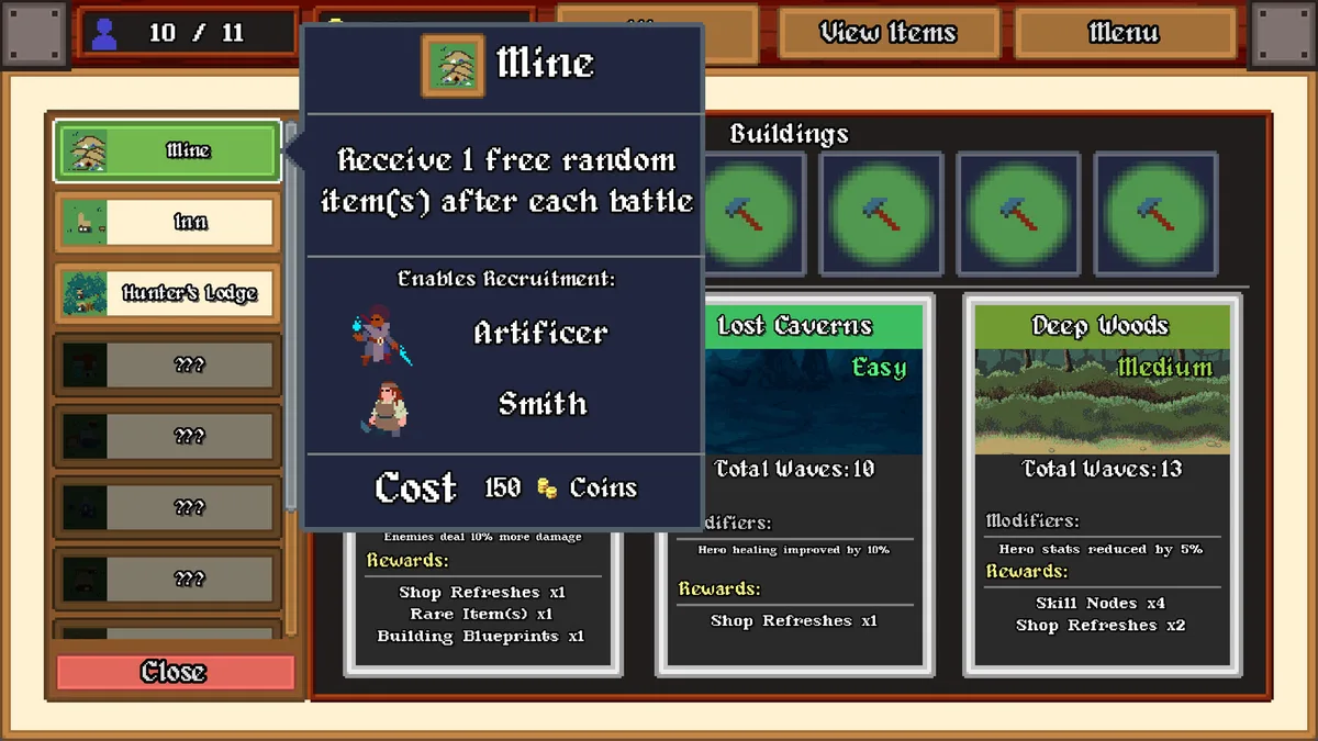 LegionBound camp building screen showing keystone counter at 3 of 5 with health regeneration building selected