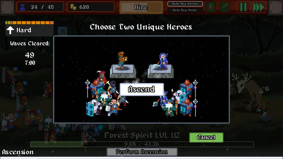 LegionBound Ascension screen showing a roster of pixel-art hero classes on stone pedestals