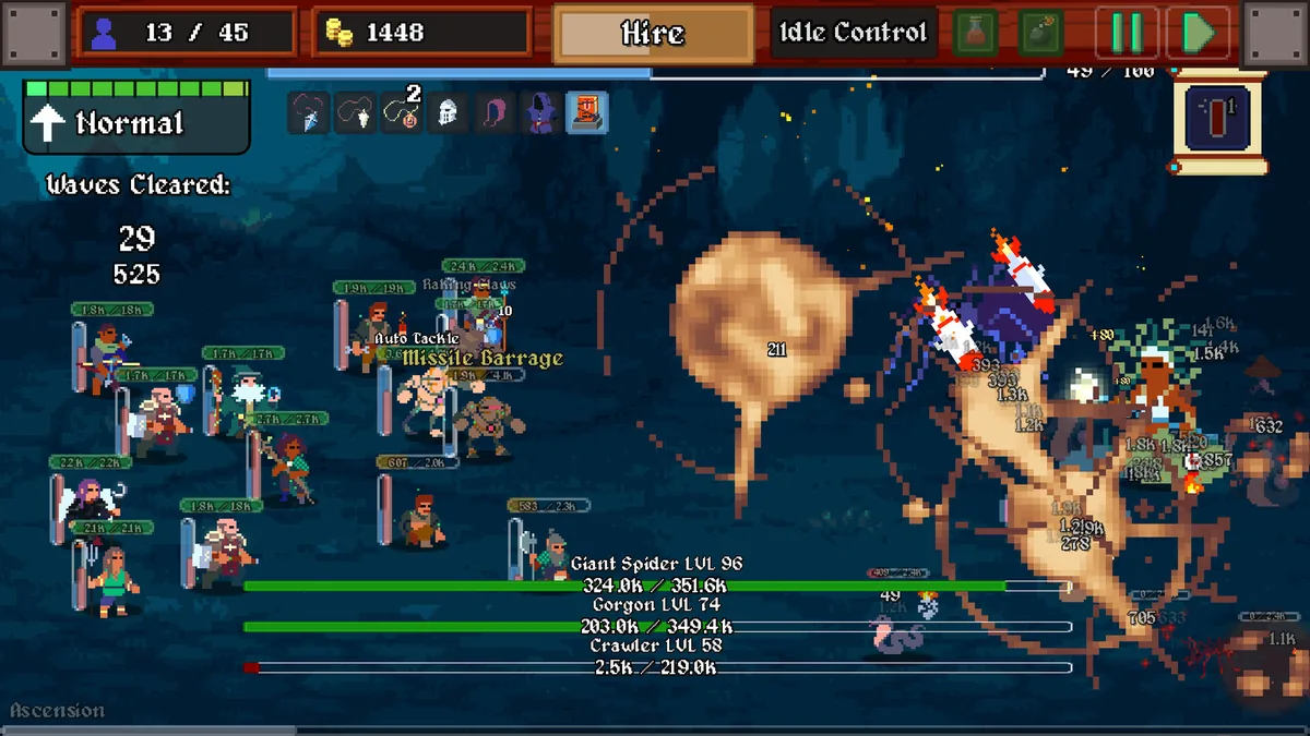 LegionBound cave battle with Giant Spider LVL 96 and Gorgon LVL 74 boss health bars stacked above a hero party mid-fight