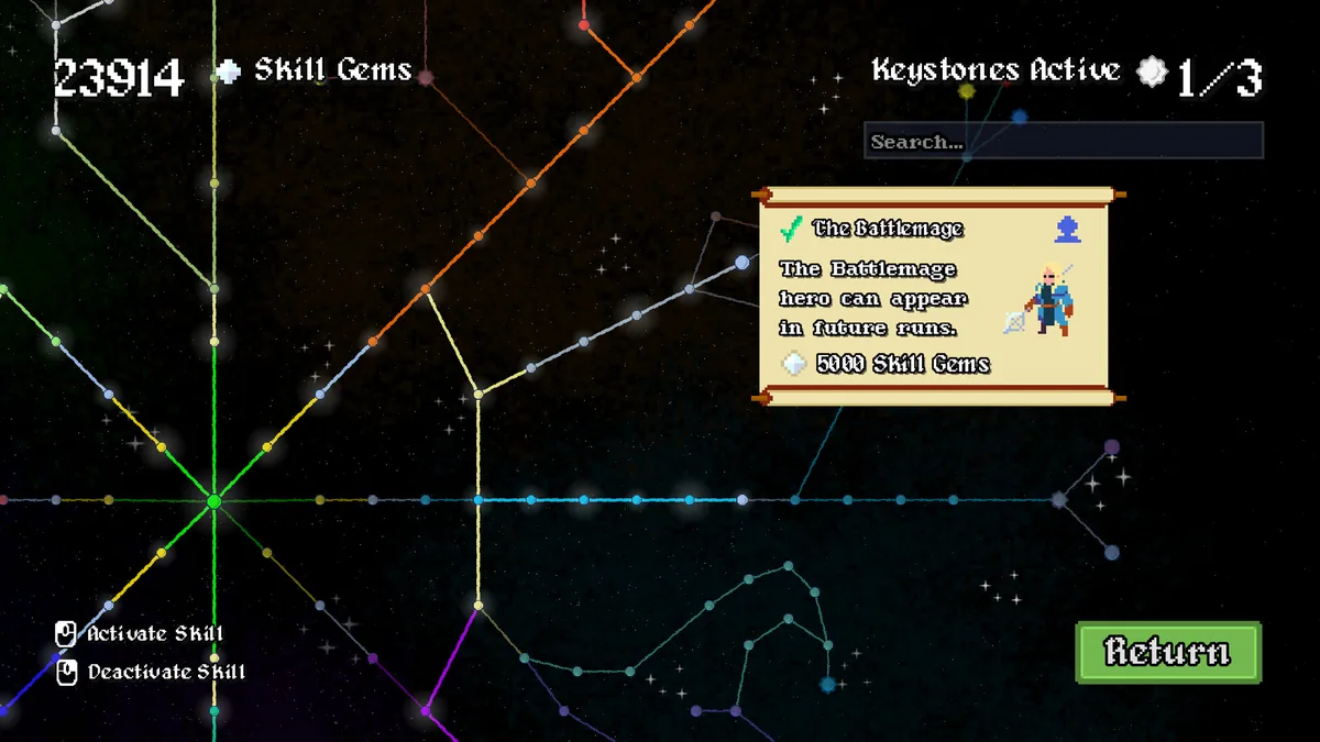 LegionBound skill constellation screen showing a Keystones Active 1 of 3 counter and an unlocked node called The Battlemage