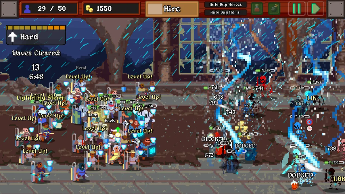 LegionBound Battle Mode wave in progress showing a hero party with multiple active synergy subclass icons and an Ascended front-row unit absorbing enemy damage
