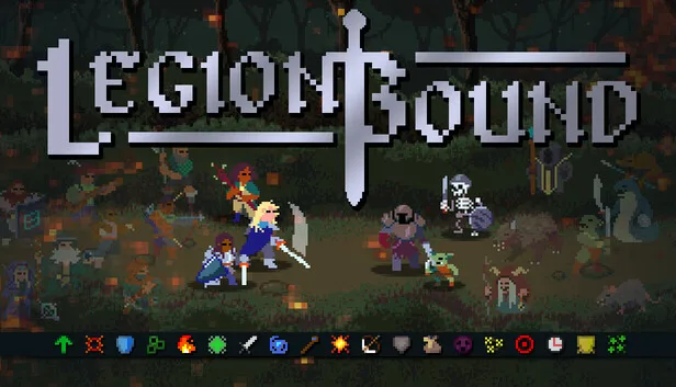 LegionBound combat screen with four-class synergy chain active, synergy subclass icons visible above hero sprites
