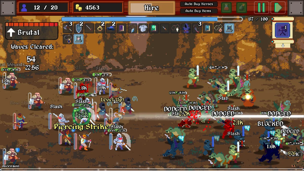 LegionBound party in Battle Mode wave 18 showing Warrior, Sorcerer, Witch synergy chain active with three subclass icons above heroes and an Ascended Knight front row absorbing damage