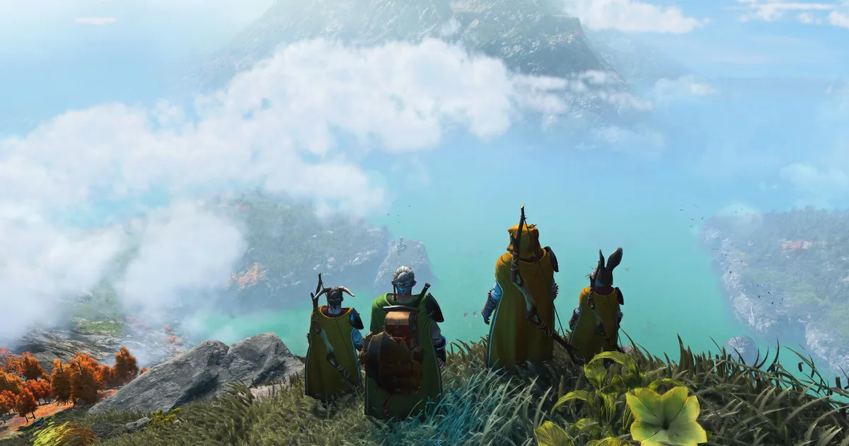 Four cloaked adventurers with bows and a travel pack stand on a grassy cliff edge overlooking a cloud-filled valley and distant mountains
