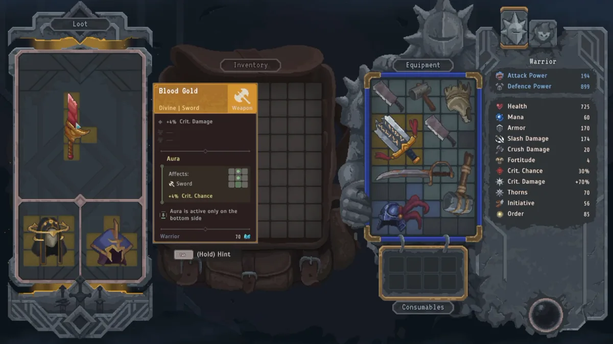 Lootbound inventory screen showing the Blood Gold divine sword's stat card with its aura effect radius highlighted in green over adjacent grid cells