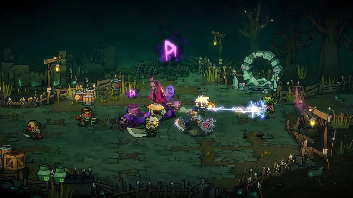 Two Lost Castle 2 heroes fight enemies beside a glowing pink rune symbol and a stone ring shrine, a lightning bolt arcing between one hero and a masked goblin