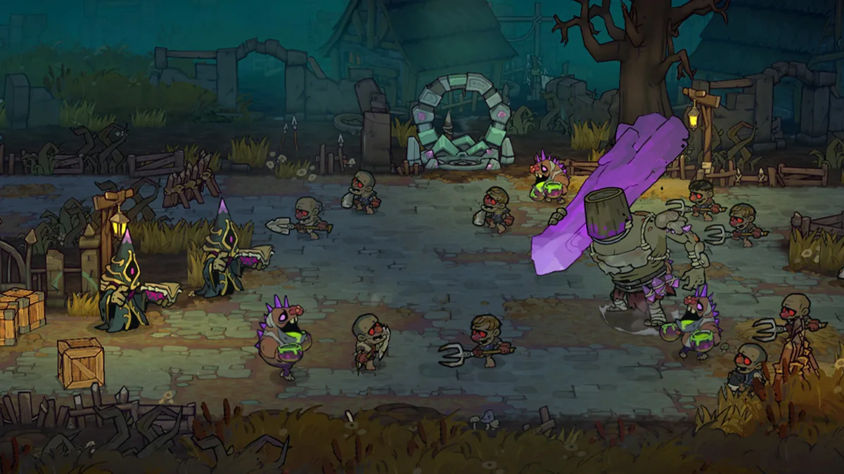 A crowd of small red-eyed cultist enemies and two robed mages advance through a ruined village clearing toward a stone ring shrine, with a large sack-headed brute wielding a purple blade on the right