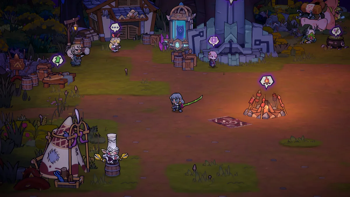 Lost Castle 2 camp scene at night with a character approaching a campfire past NPC vendors and a glowing shrine