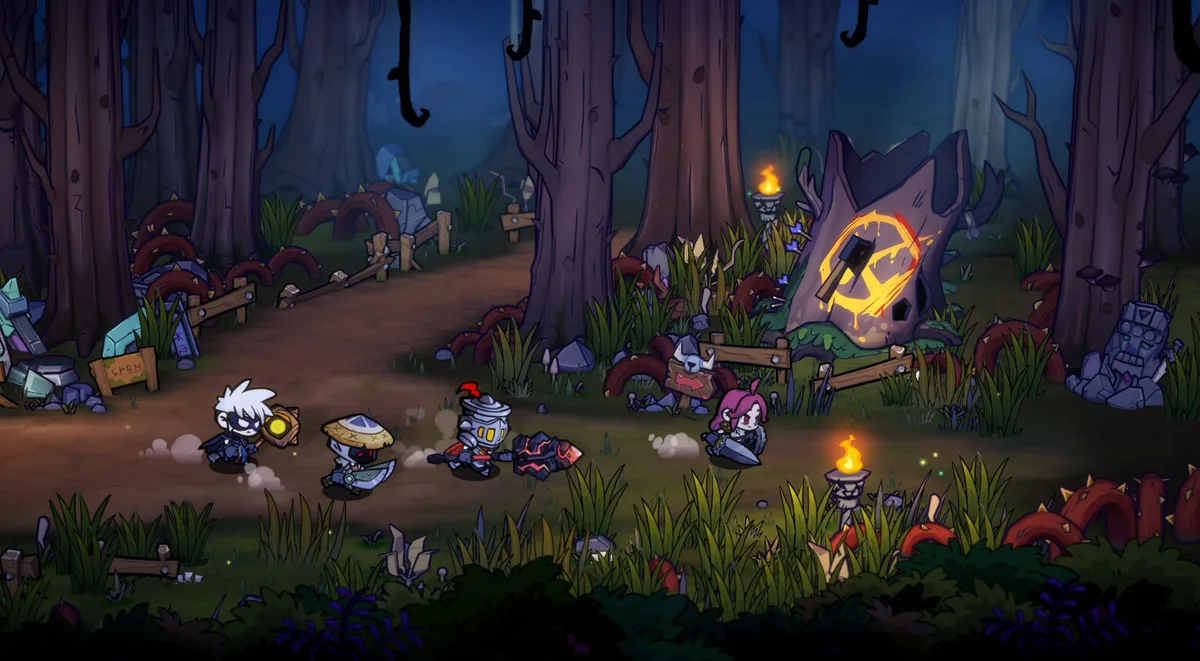 Lost Castle 2 four-character party walking a torch-lit forest path past a carved totem and thorny vine obstacles