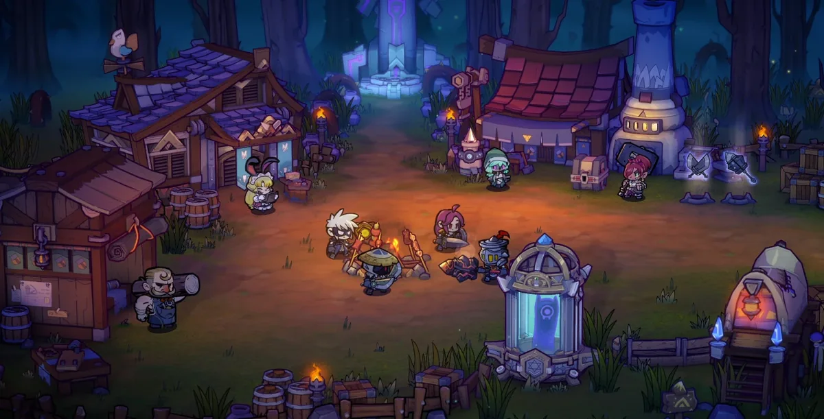Lost Castle 2 hub camp at night with merchant stalls, a glowing blue shrine, an alchemy pot, and heroes gathered around a campfire