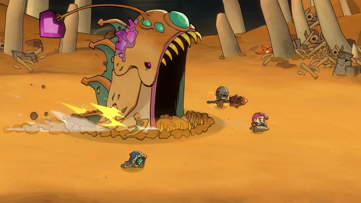 Lost Castle 2 party fighting a giant desert worm boss erupting from the sand, its weak-point crystal dangling on a stalk above its open maw