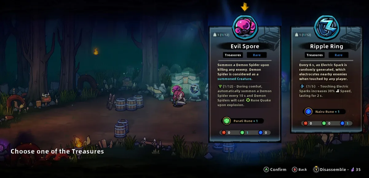 Lost Castle 2 treasure choice screen offering Evil Spore, which summons Demon Spiders on kills, or Ripple Ring, which generates electric sparks