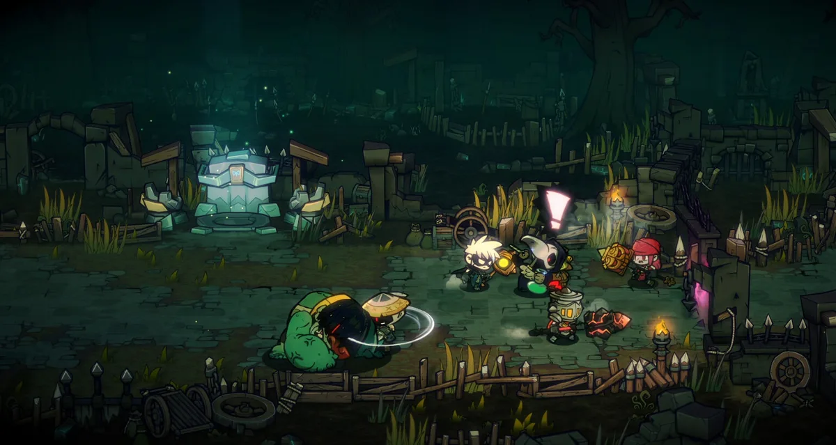 Lost Castle 2 party fighting an elite enemy in ruined graveyard terrain, with a loot pickup prompt glowing above one character
