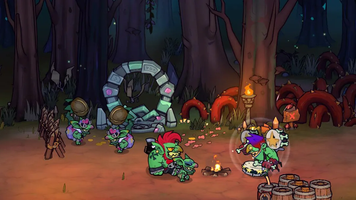 Lost Castle 2 party engaging the Goblin Champion boss near a glowing stone portal structure in a swamp forest