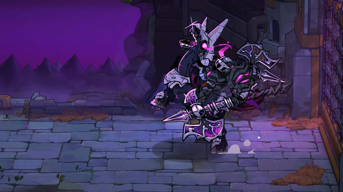 A silver armored Lost Castle 2 boss with glowing pink eyes and horns wields a spiked axe in a purple lit stone courtyard