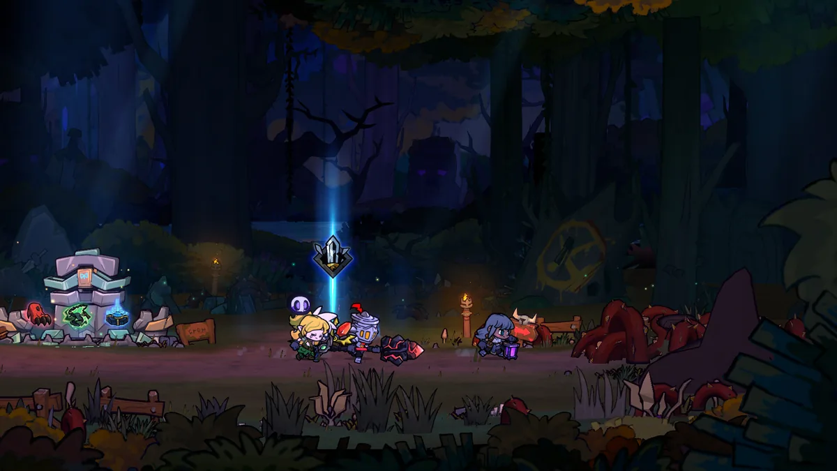 Three Lost Castle 2 characters approach a glowing blue light beam beside a stone shrine altar in a dark forest clearing