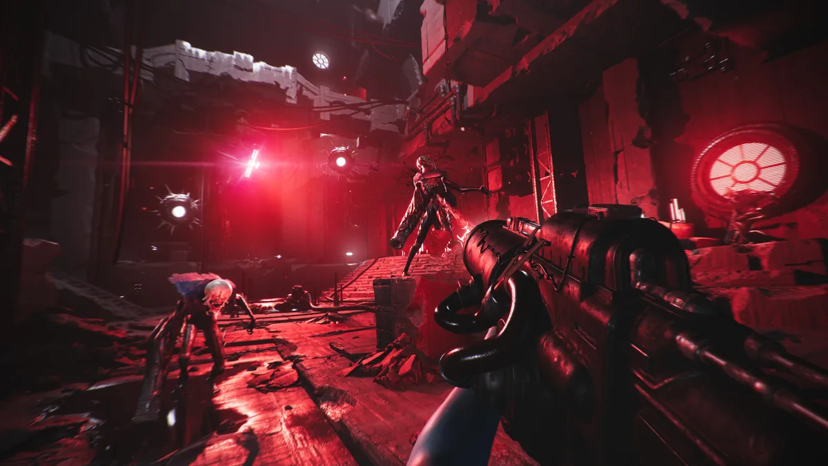 Luna Abyss gameplay showing bullet hell projectile patterns in dark first-person horror environment with cosmic enemies