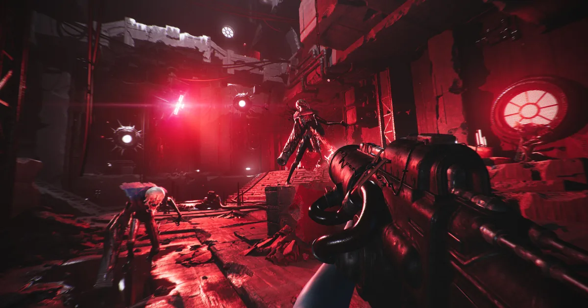 Luna Abyss first-person view of Fawkes navigating brutalist alien megastructure corridors with glowing projectile patterns and body horror environment