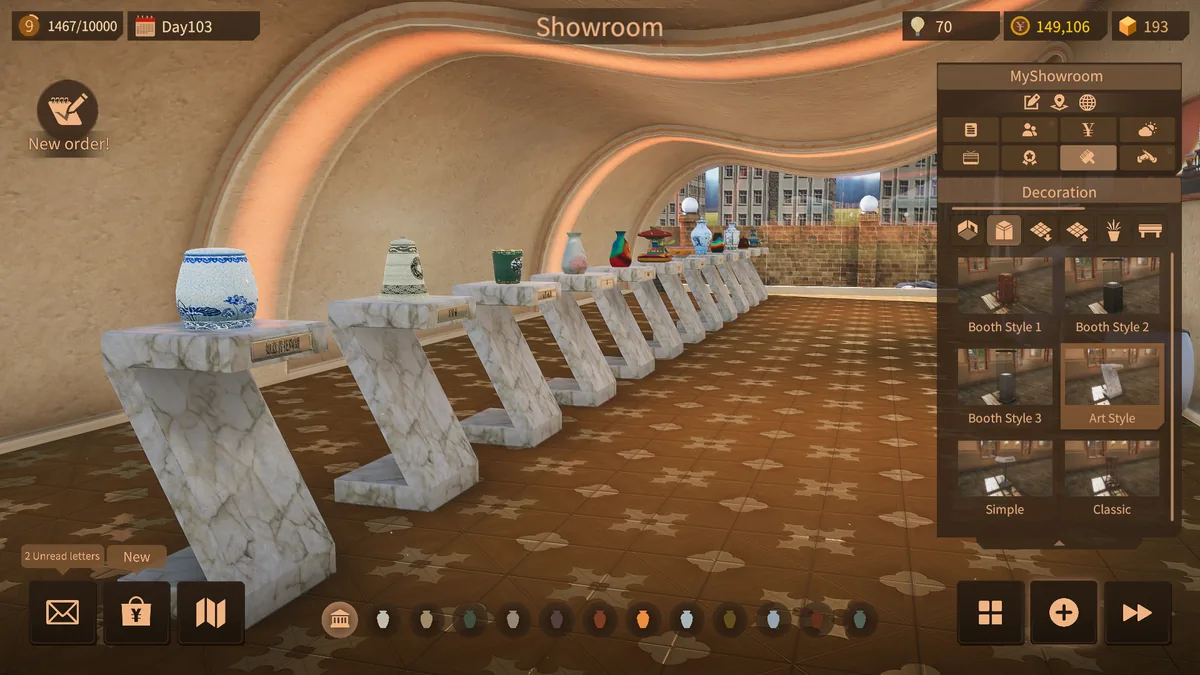 A showroom management screen showing a Day 103 counter, currency and materials totals, and a Decoration panel with Booth Style and Art Style options