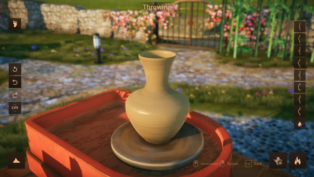 A pale yellow ceramic vase mid-throw on a pottery wheel, with a profile-curve editing panel and undo, redo, and centimeter measurement controls visible