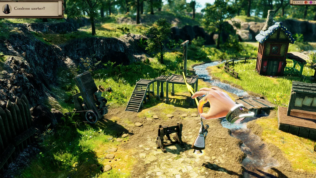 The God Hand holds a glowing villager above a gallows noose, with a "Condemn worker?" prompt asking the player to decide the character's fate