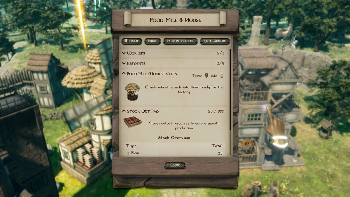 The Food Mill and House management panel shows two of three worker slots filled and a Stock Out Pad holding 23 units of flour ready for the factory