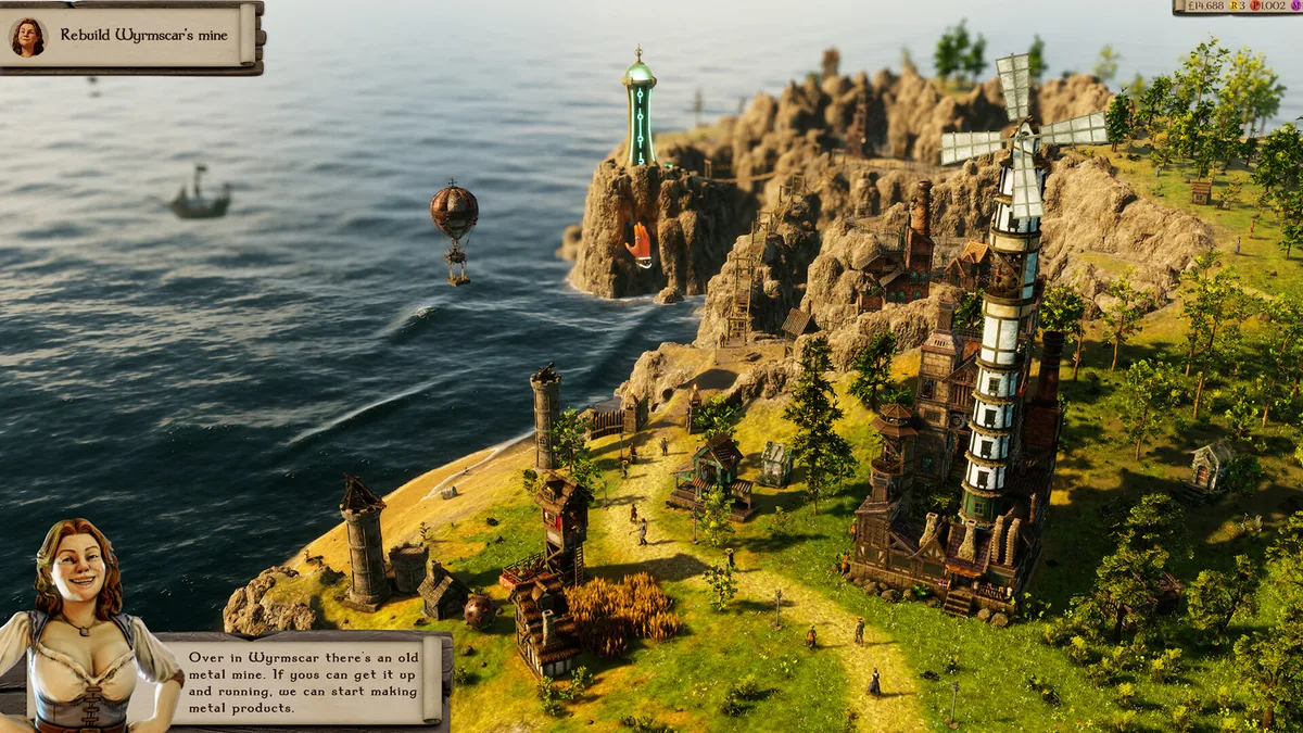 The God Hand hovers near a coastal cliffside settlement in Wyrmscar, with a windmill, hot air balloon, and a quest prompt to rebuild the town's abandoned mine