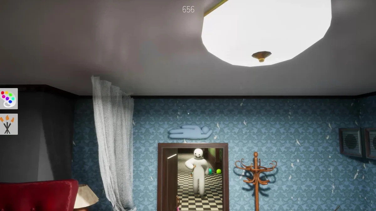 Hider lying flat and disguised against a hallway ceiling near a light fixture, with a second player visible through a doorway holding balloon-shaped paint objects