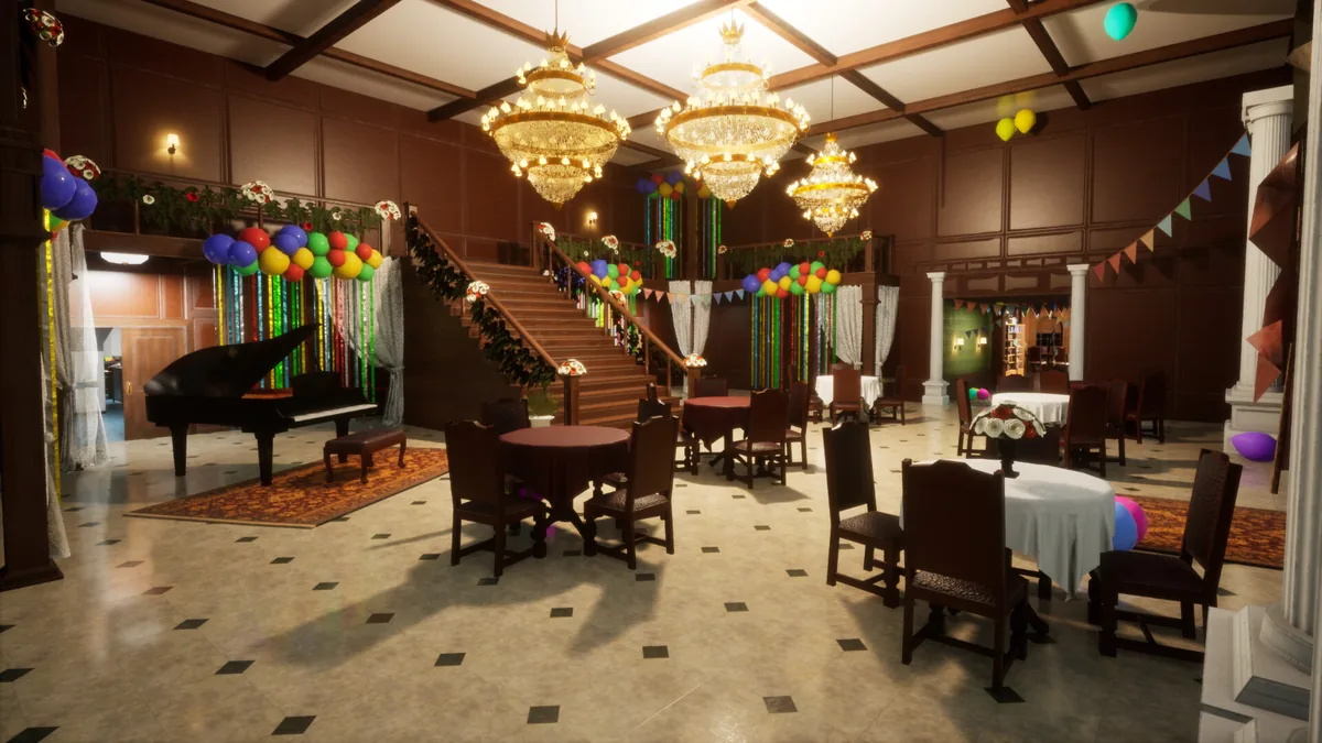 Meccha Chameleon mansion hall with chandeliers, stairs, balloons, tables, and a piano