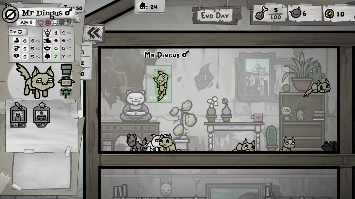 Mr Dingus stat panel showing physical and mental stats at Level 0, a household of cats spread across furnished rooms, and food and coin currency counters