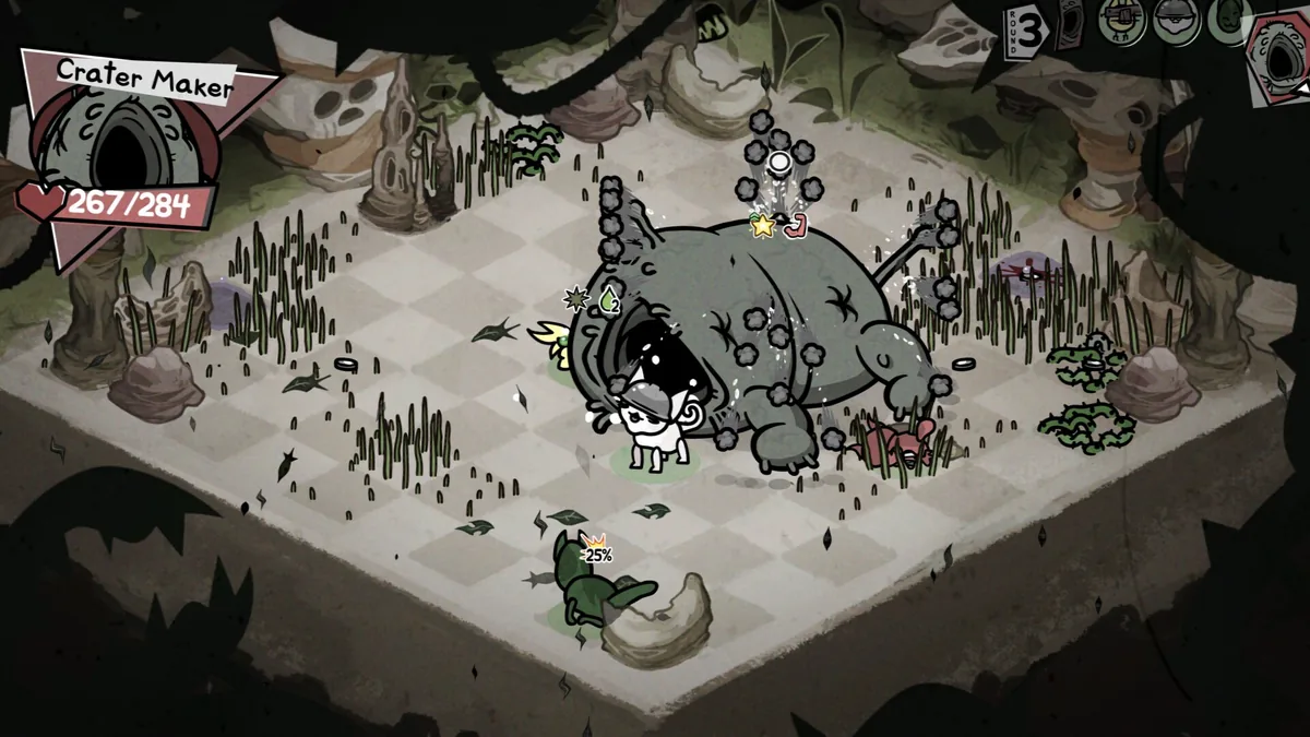 Isometric combat grid showing a cat facing off against Crater Maker, a large gray boss with a gaping mouth, HP bar at 267 of 284, round 3 indicator visible