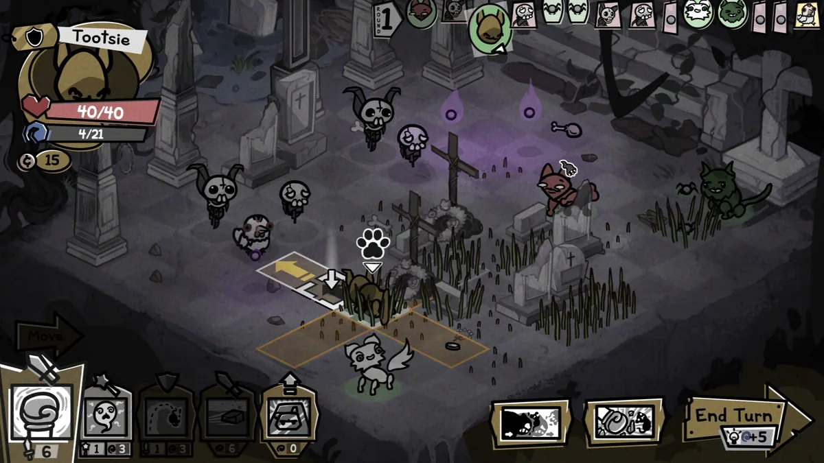 A cat fights skeletal ghost enemies in a graveyard boss encounter against a boss named Tootsie, with summon-style ability icons visible in the bottom-left action bar