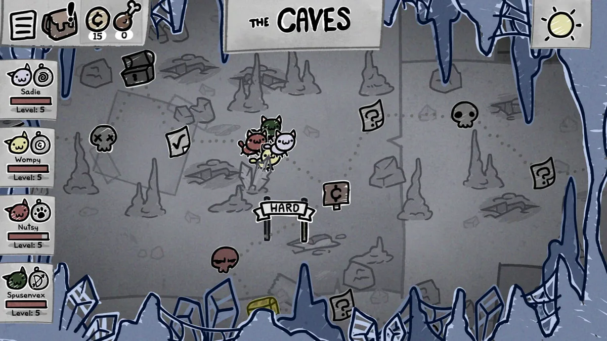 The Caves zone map showing a four-cat party (Sadie, Wompy, Nutsy, Spusenvex) with distinct class icons next to each name, plus a Hard difficulty marker and collectible chests