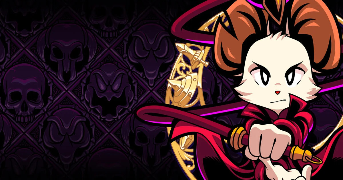 Mina the Hollower key art: a cream-furred cat protagonist gripping a red chain whip against a dark purple background patterned with skull motifs