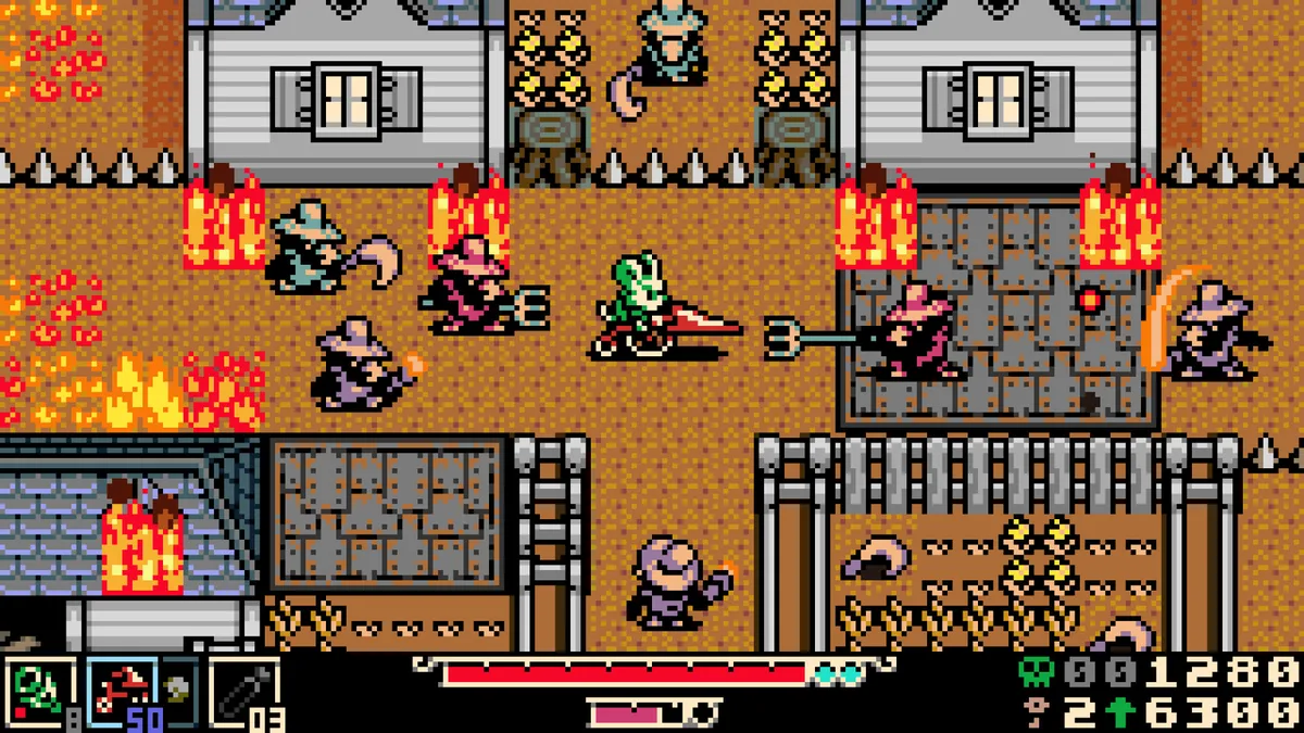 Mina swings her chain whip across a torch-lit town square at a caged enemy, with several more hooded foes and garden plots scattered through the scene