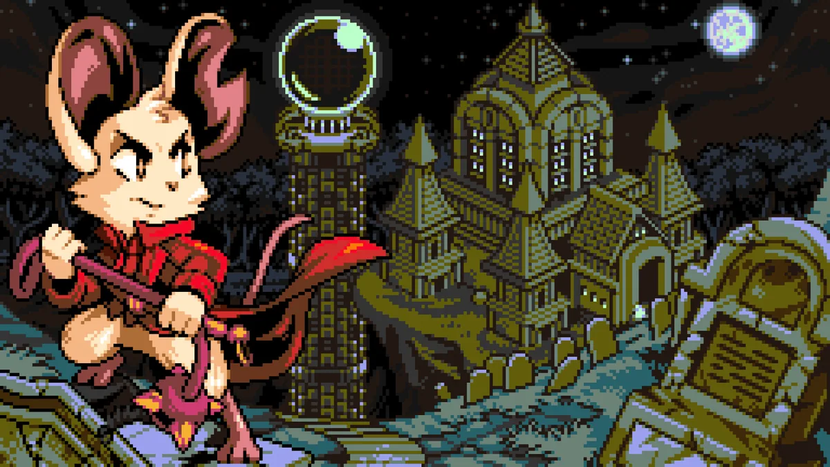 Mina stands before a glowing orb-topped tower with a gothic manor rising behind her under a night sky