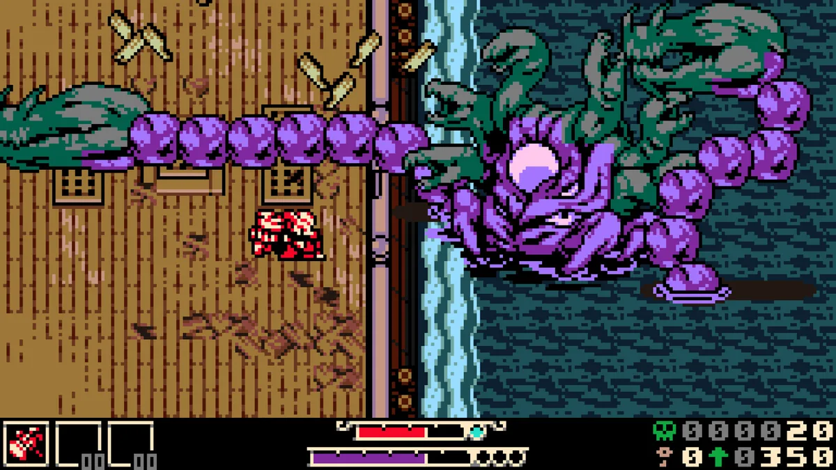 Mina facing a massive purple segmented worm boss with green claws emerging from a swamp inlet