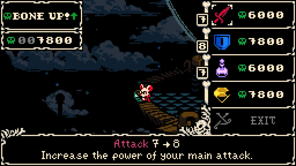 A Mina the Hollower shop menu listing four purchasable upgrades priced in Bones, 6,000 and 7,800, with an Attack stat increase described at the bottom
