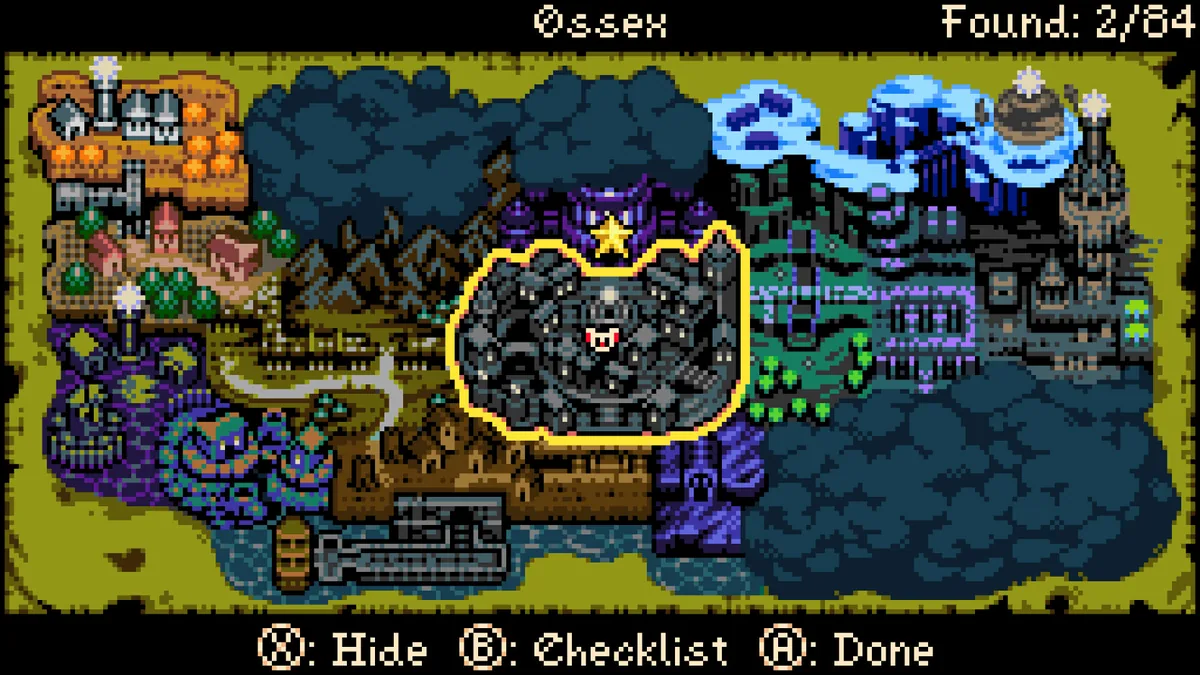 Mina the Hollower's world map with Ossex highlighted in yellow at the center, alongside the game's collectible tracker showing 2 of 84 found