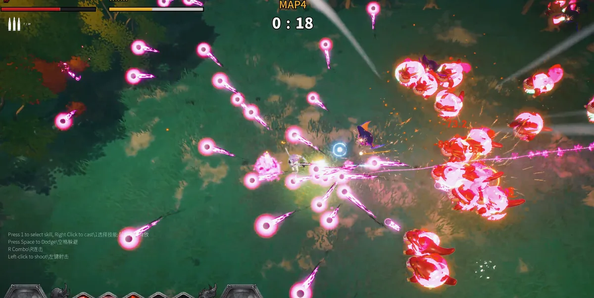 A character dodges through a cluster of glowing pink projectiles and red blob-like enemies on a MAP4 battlefield, with damage numbers and a 4-action control legend visible in the corner