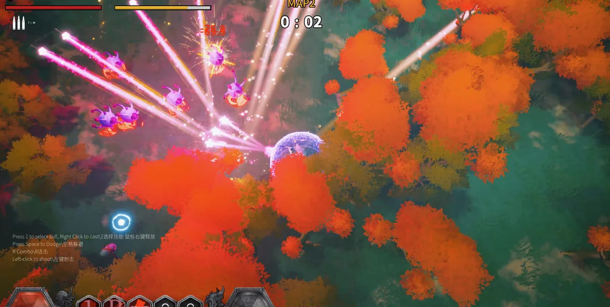 A dramatic swirling red and orange explosion effect fills a MAP2 battlefield as pink projectile trails streak across an autumn forest, with a player character firing near the center