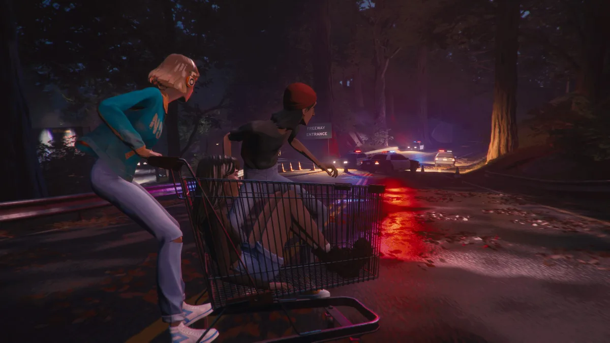 Stop-motion-style key art of Cassandra mid-skate down a suburban driveway, paused in a dramatic frame with a magenta sky behind her