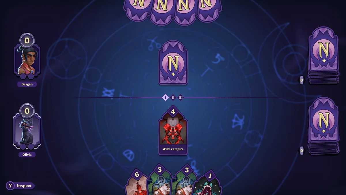Moonlight Peaks Nokturna card minigame showing a Wild Vampire card in play between opponents Dragan and Olivia