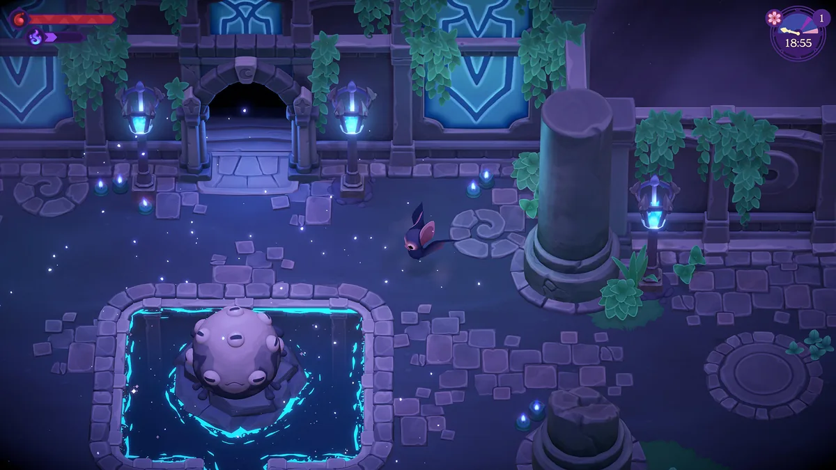 Bat companion flying through a ruined moonlit castle courtyard past a glowing blue stone fountain