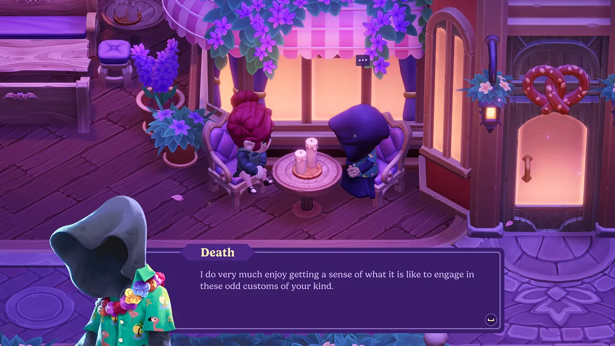 Dialogue scene with the character Death seated at a cafe table wearing a floral lei shirt