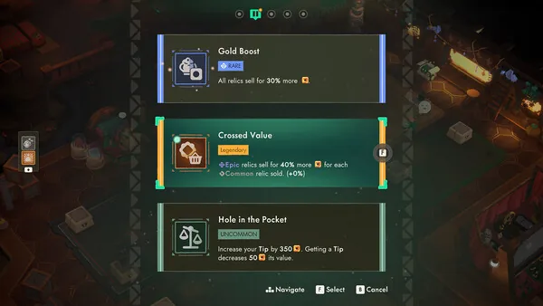Moonlighter 2 Shop Perk selection showing Gold Boost, Crossed Value, and Hole in the Pocket