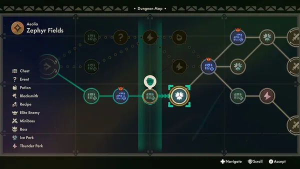 Moonlighter 2 Aeolia dungeon map showing branching rooms and perk icons