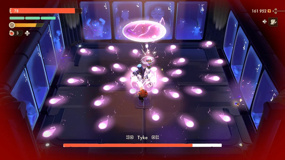 Tyke fires pink projectiles while the hero approaches across the Gallery Treasury Halls arena